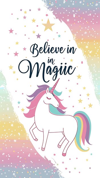 Diseño de tarjeta postal de unicornio mágico con borde de unicorneo y texto Creer idea conceptual Arte creativo