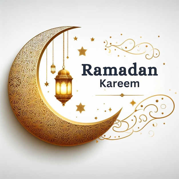 Diseño de tarjeta de Ramadan Kareem con luna creciente dorada y linterna colgante