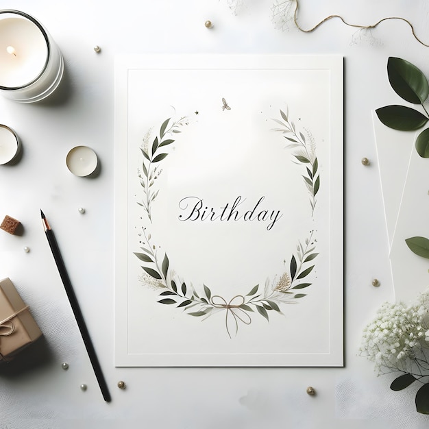 Diseño de tarjetas de felicitación de cumpleaños con marco verde caja de regalos sobre flores y hojas