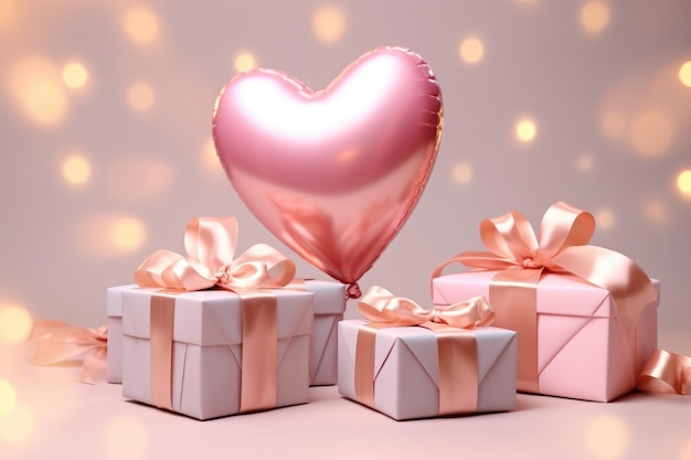 Diseño de tarjetas de felicitación para el día de San Valentín, boda, celebración de cumpleaños con globos y cajas de regalos