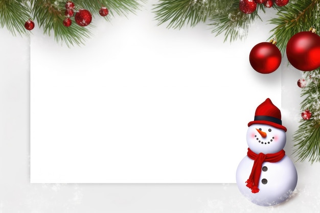Diseño de tarjetas navideñas con muñeco de nieve y abeto con bolas navideñas rojas