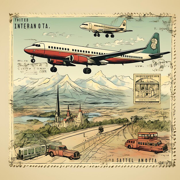 Foto diseño de tarjetas postales antiguas sellos fronterizos aviones íconos de viajes fa clipart pie de página arte de encabezado