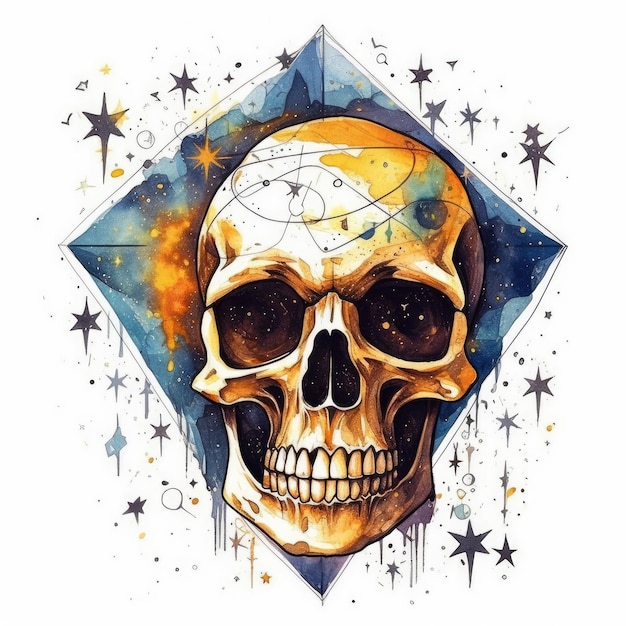 diseño de tatuaje de acuarela del cráneo arte de tinta aislada clipart acuareta logotipo de estampa de pegatina