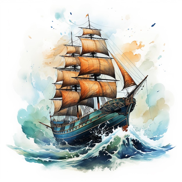 Diseño de tatuaje de barco pirata náutico en acuarela