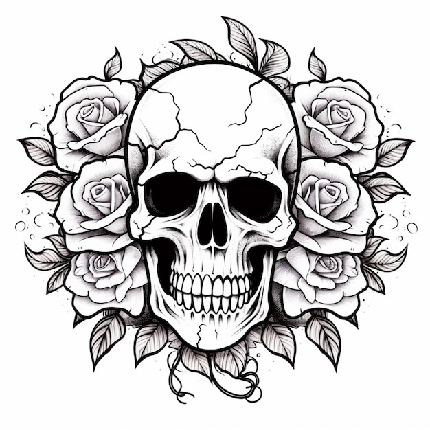 Un diseño de tatuaje de calavera y rosas generativo ai