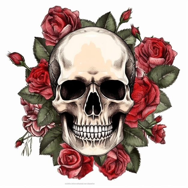 Un diseño de tatuaje de calavera y rosas generativo ai