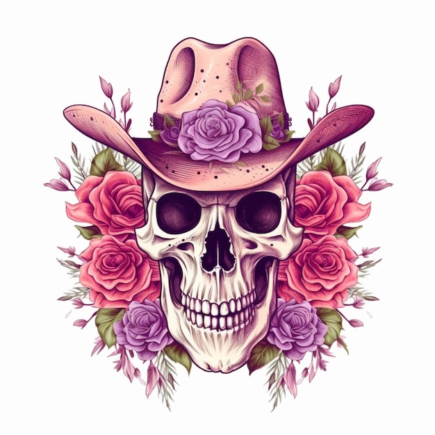 Diseño de tatuaje de calavera con sombrero y rosas generativo ai