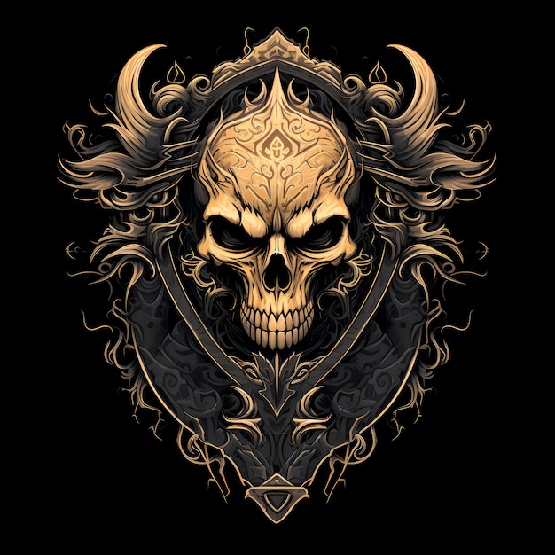 diseño de tatuaje de cráneo y escudo ilustración de arte oscuro aislado sobre fondo negro