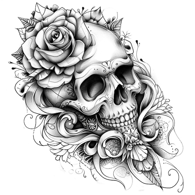 un diseño de tatuaje de cráneo y rosa en un fondo blanco