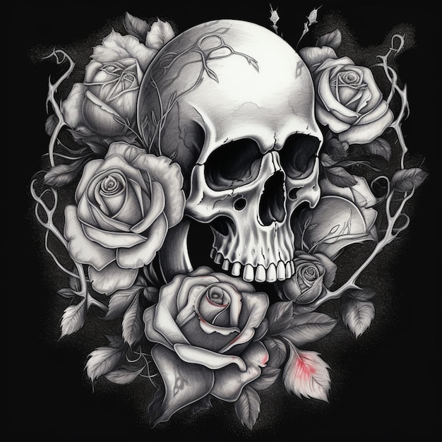 diseño de tatuaje de cráneo y rosas en fondo negro generativo ai