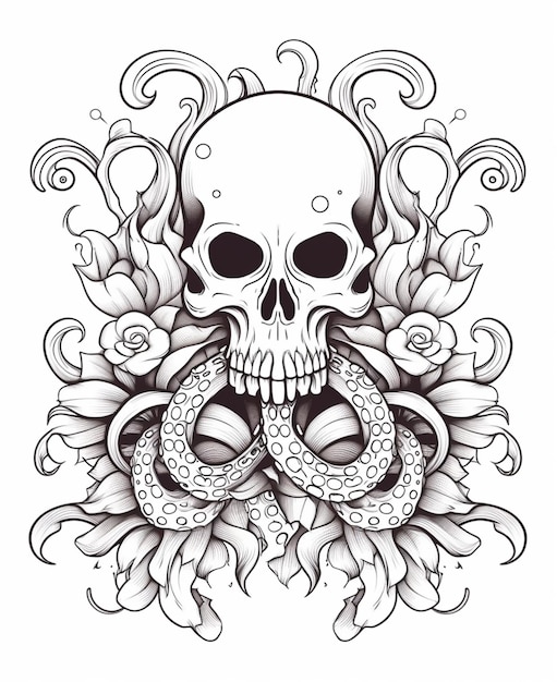 un diseño de tatuaje de cráneo y serpiente con flores generativo ai