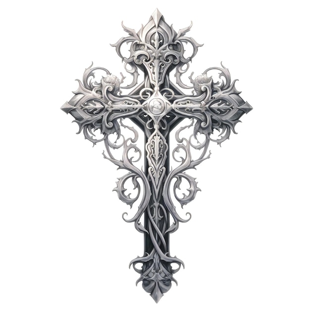 Diseño de tatuaje de cruz sobre fondo blanco en el estilo de claroscuro de inspiración barroca de plata oscura a