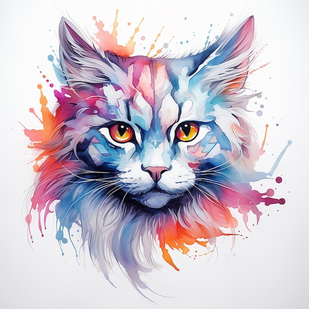 Diseño de tatuaje de elegancia felina de gato acuarela sobre un fondo blanco plano