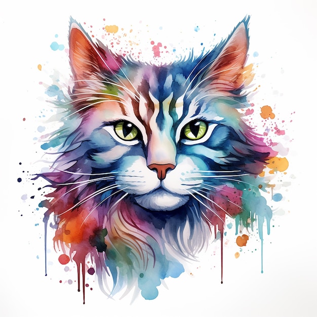 Diseño de tatuaje de elegancia felina de gato acuarela sobre un fondo blanco plano