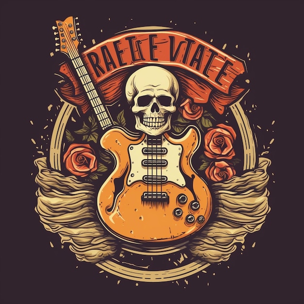 Foto diseño de tatuaje de guitarra y cráneo logotipo de camiseta diseño de sello