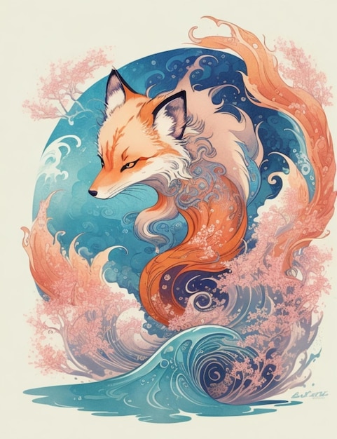 Foto un diseño de tatuaje kitsune en un estilo neotradicional que presenta un diseño de personaje vectorial plano 2d.