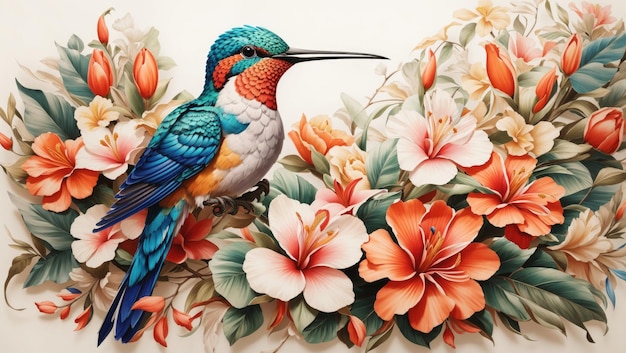 Diseño de tatuaje de pájaro y colibrí vintage de elegancia tropical con flores exóticas