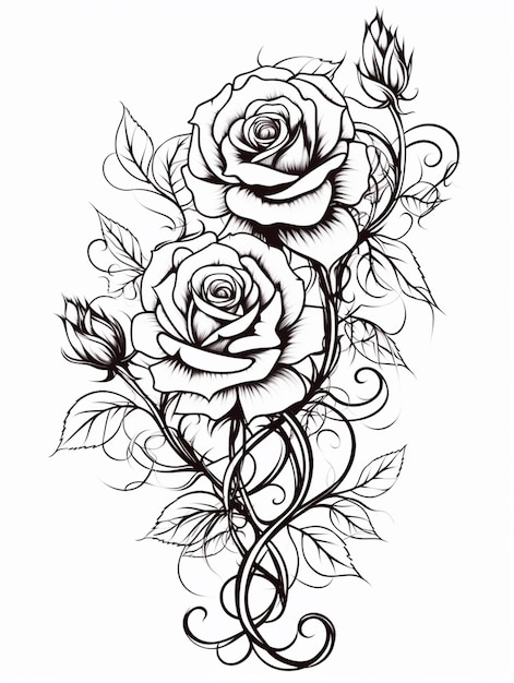 un diseño de tatuaje de rosa con remolinos y hojas generativas ai