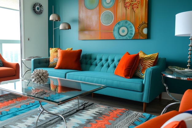 Diseño Teal Estilo moderno interior del apartamento y sala de estar moderna