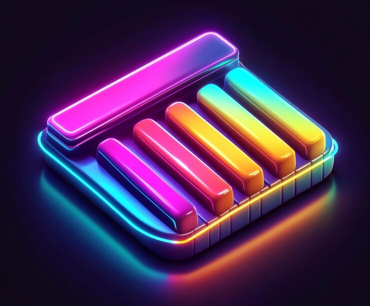 Foto diseño de teclado de neón vibrante con teclas brillantes en un fondo oscuro que crea