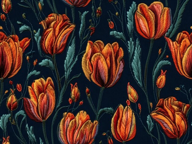 Diseño de tela con patrón de tulipanes naranja bordado sin costuras