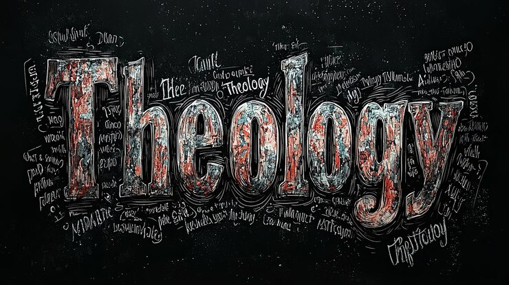Foto diseño de teología abstracta con texto blanco en un fondo de pizarra