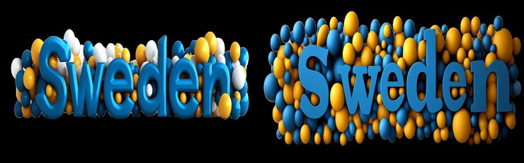 Foto diseño de texto 3d colorido con la palabra suecia con esferas azules, amarillas y blancas vibrantes