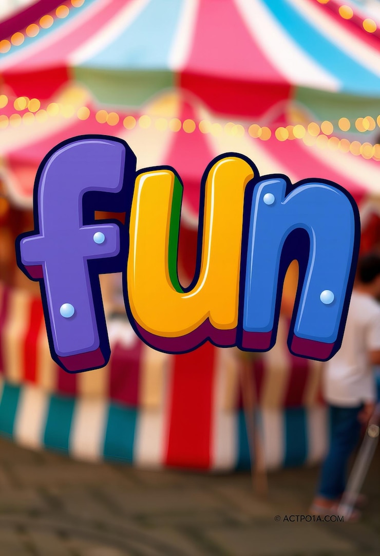 Foto diseño tipográfico de diversión con letras coloridas lúdicas con un fondo de un carnaval
