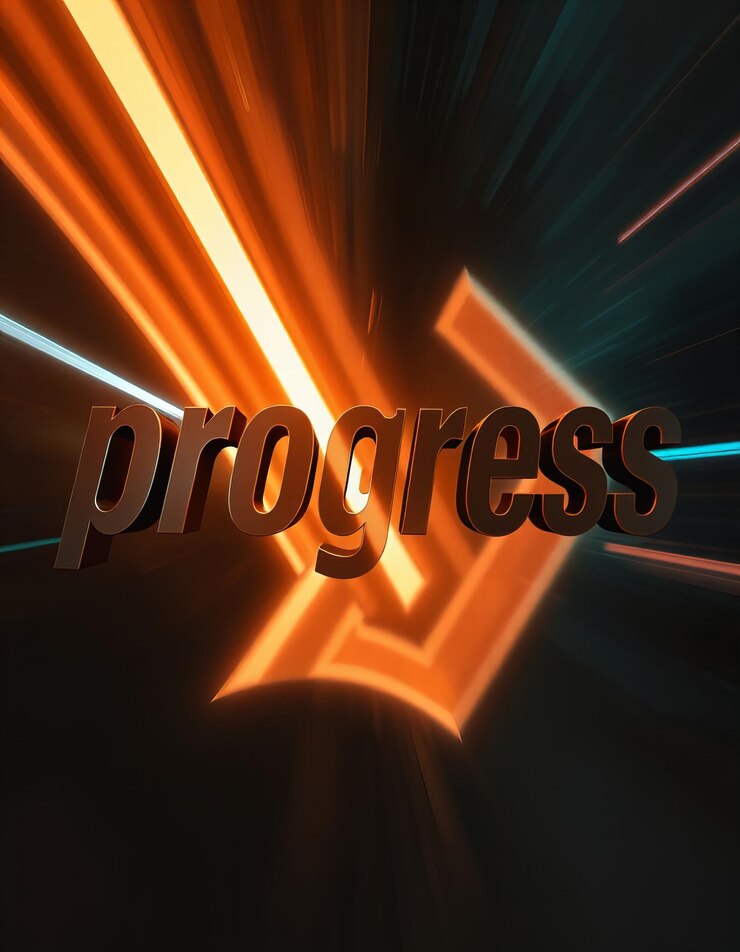Foto diseño tipográfico de la palabra progreso con letras dinámicas que se mueven hacia adelante con un fondo de