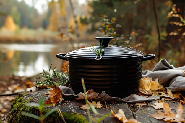 Foto diseño tradicional de la cocina con olla negra en una mesa de madera