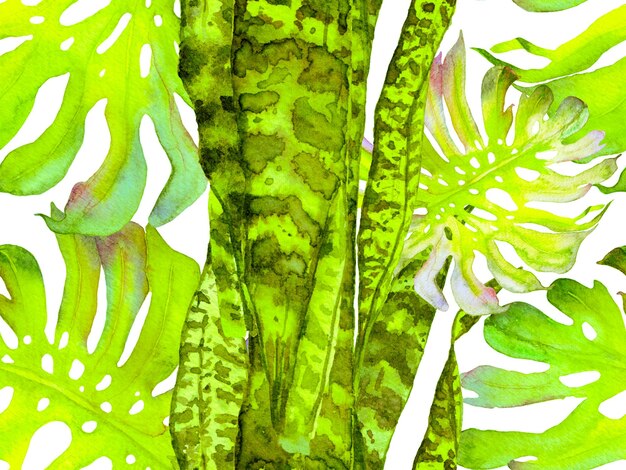 Diseño de trajes de baño exóticos. Impresión Aquarelle de Hawái. Relación ecológica vintage. La acuarela amarilla dorada deja un patrón sin costuras. Fondo floral de verano. Ilustración del bosque botánico.