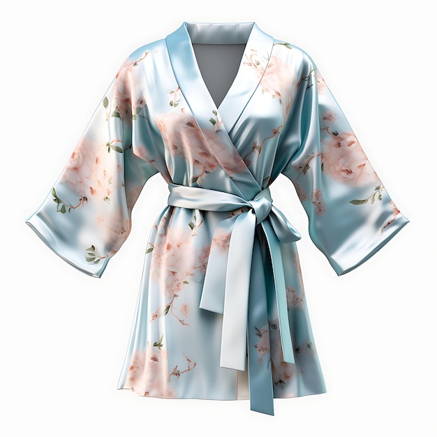 Diseño de túnica de kimono hecha de satén con un estampado floral y una cintura aislada en blanco BG Blank