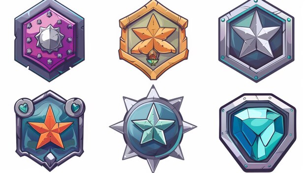 Para el diseño de UI de progreso de rango de una medalla de trofeo hexagonal o emblema con una estrella y decoraciones La ilustración se basa en una ilustración moderna de dibujos animados de múltiples etapas de la evolución de