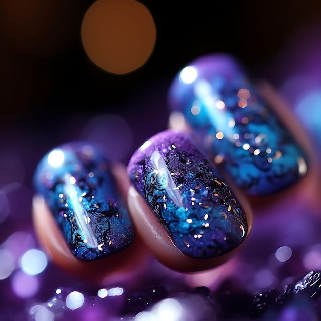 Diseño de uñas Galaxy Azul oscuro y morado Colores cósmicos Bokeh Concepto Idea Sesión de fotos de arte creativo