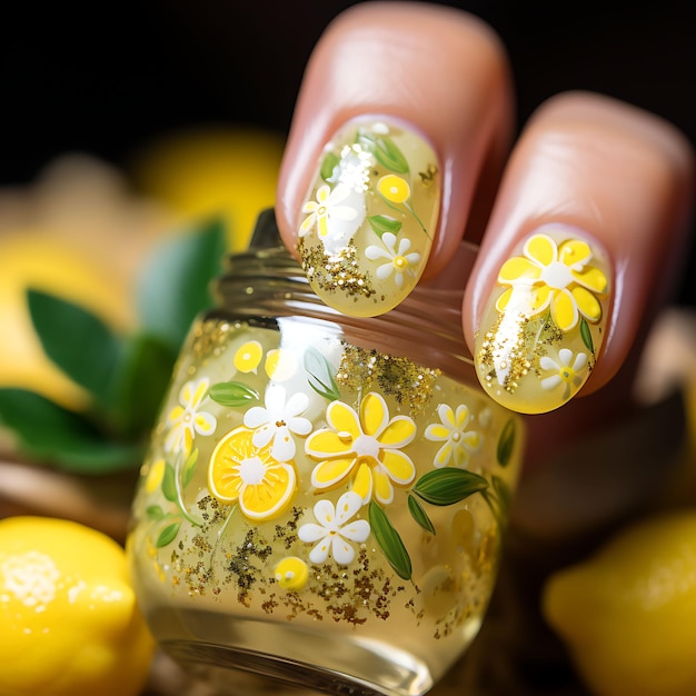 Diseño de uñas de limonada Colores amarillos y claros Concepto de cámara refrescante Idea Sesión de fotos de arte creativo