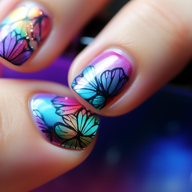 Diseño de uñas de mariposa arcoíris Colores vibrantes del arco iris Lento S Concepto Idea Sesión de fotos de arte creativo