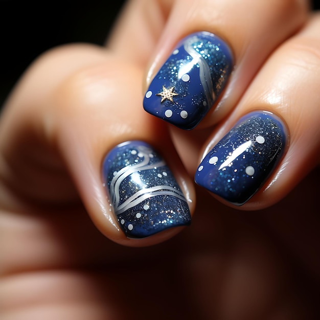 Diseño de uñas de noche estrellada Colores azul oscuro y plateado Idea de concepto estrellado Sesión de fotos de arte creativo