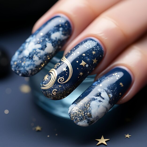 Diseño de uñas de noche estrellada en tonos azul medianoche y plateado Idea conceptual de Lon Sesión de fotos de arte creativo