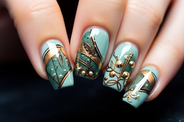 un diseño de uñas con oro y plata