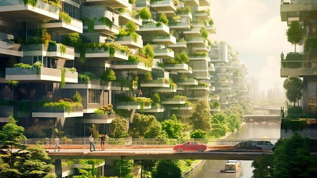 Diseño urbano sostenible con elementos ecológicos IA generativa