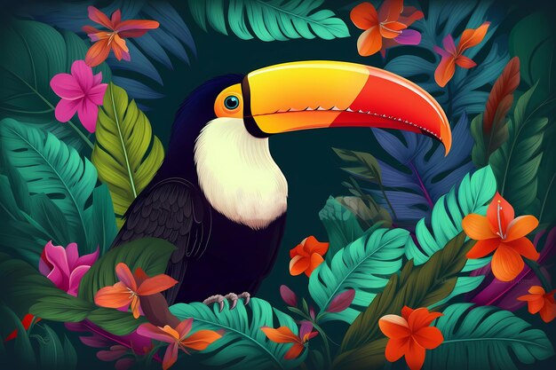 diseño de vacaciones de verano con pájaro tucán y flor tropical ai generativo