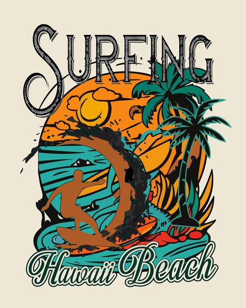 Diseño vectorial de camisetas de verano para surfear en la playa de Hawai