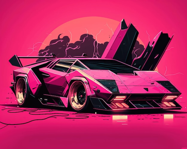 diseño vectorial de Lamborghini rosa con ilustración de diseño retro de neón
