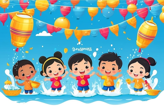 Foto diseño vectorial de tarjetas de felicitación para el festival de songkran los niños disfrutan del festival del agua