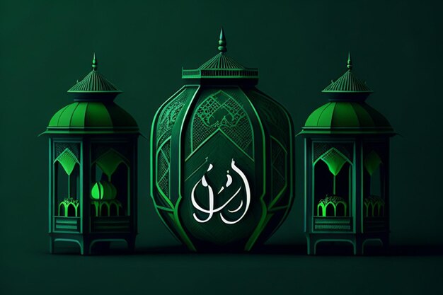 Diseño verde de ramadan kareem con linternas con texto árabe ramadan