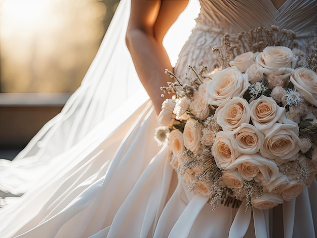 Diseño de vestido de novia y ramo de flores ai generativo.