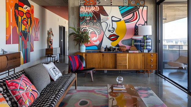 Diseño vibrante e interior con colorido arte abstracto de pared y elementos de muebles retro