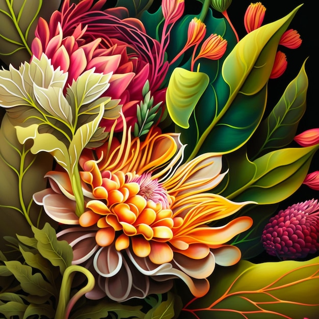 Diseño vibrante floral original con flores exóticas y hojas tropicales Flores coloridas sobre fondo oscuro