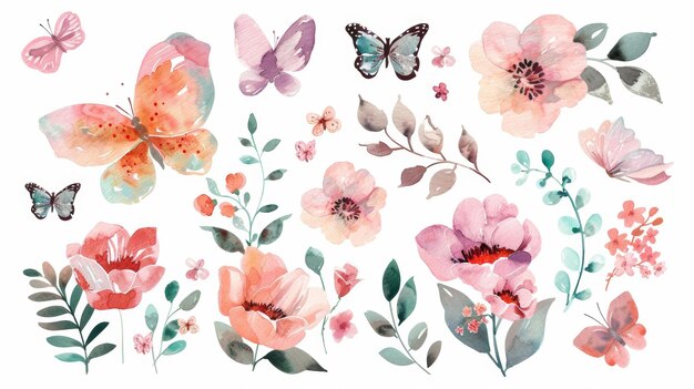 Diseño vintage de acuarelas florales y hojas con mariposas