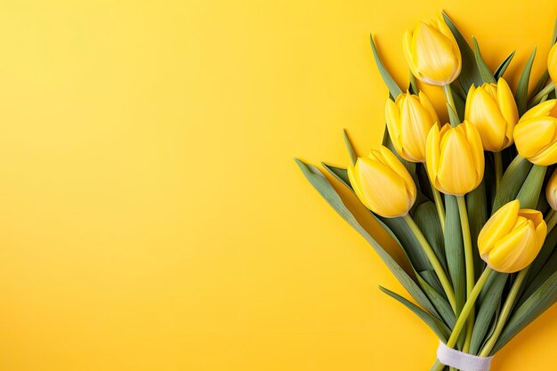 Diseño de vista superior de ramo de flores de tulipán de saludo navideño sobre fondo amarillo brillante